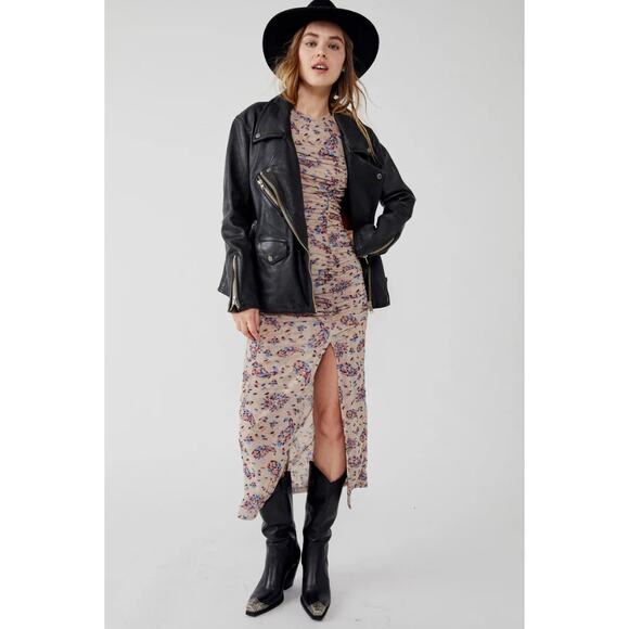 FREE PEOPLE Briella Floral Printed Midi Dress Large Cream Tea Ruched NWT - Picture 2 of 16